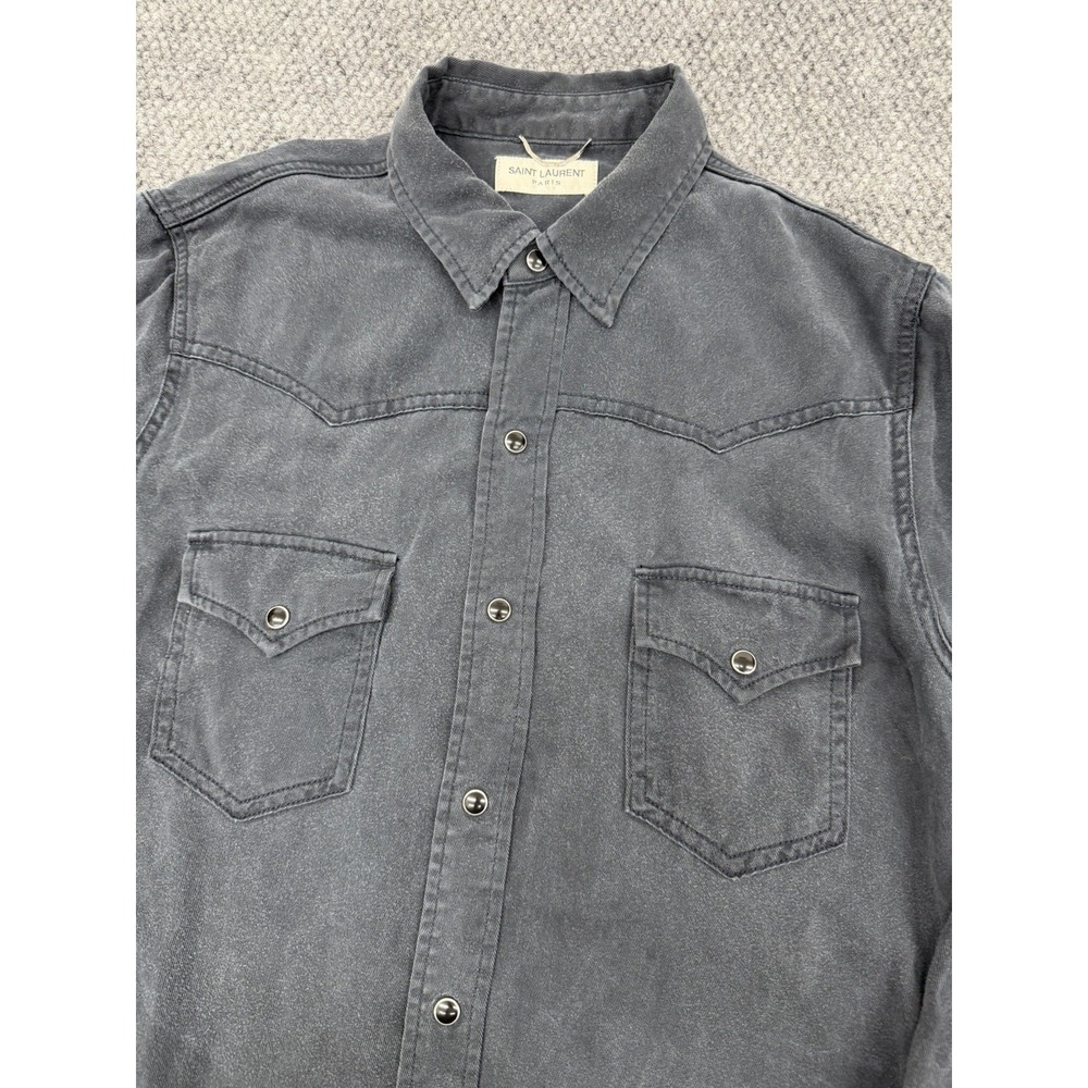 Saint Laurent Paris Men's Large Charcoal Black Western Shirt Pearl Snap YSL